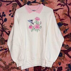 Embroidered Hummingbird Collared Crewneck Sweatshirt